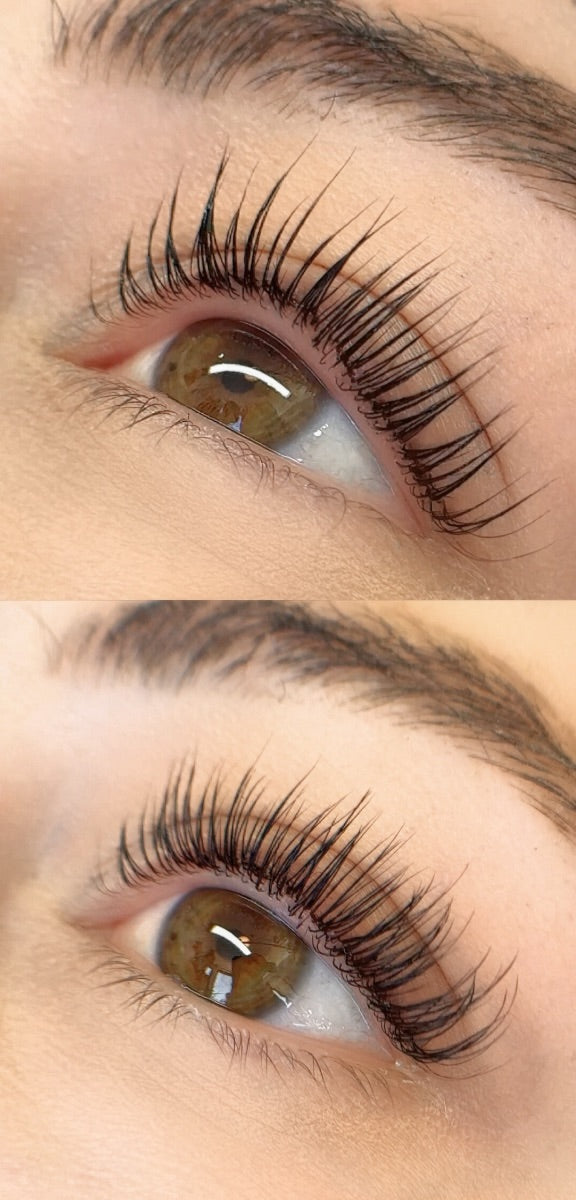 Lash Pop before and after — natural lashes lifted with a few extensions on top